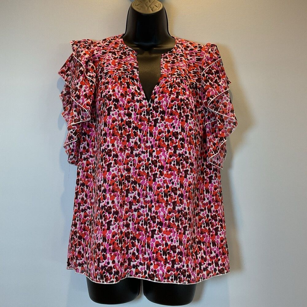 Anna Cate Ruffle Sleeve Blouse XS Pink Red Abstract Print V-Neck‎ Feminine Top